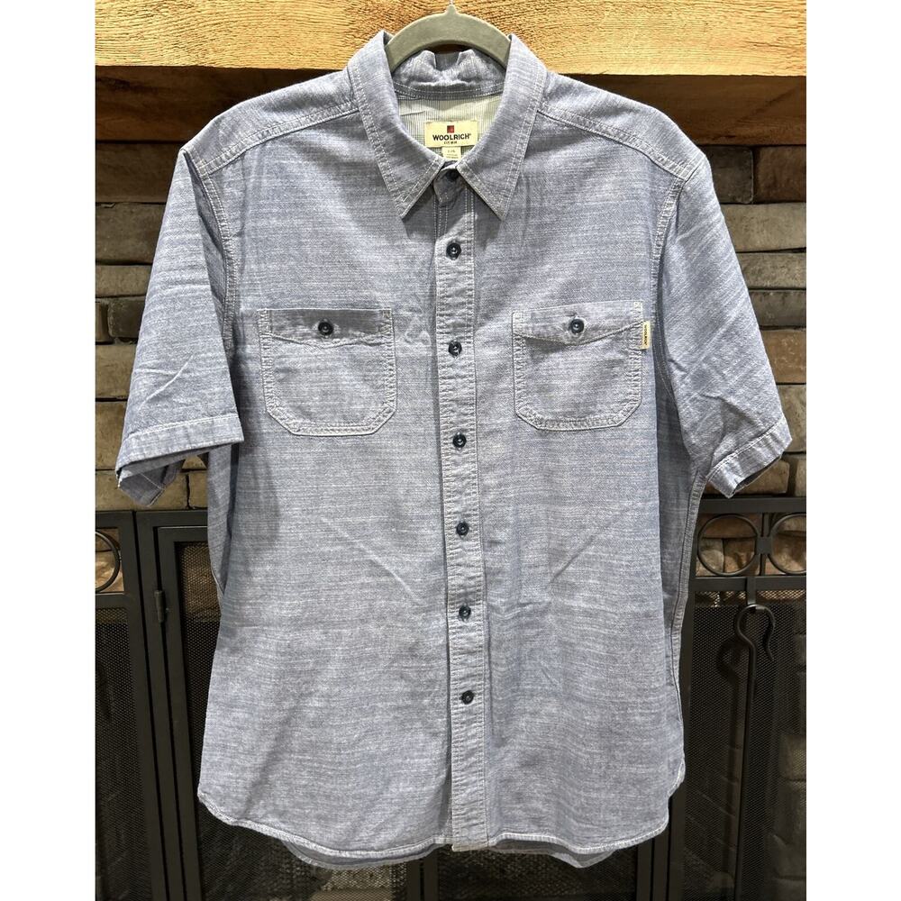 mens WOOLRICH chambray blue short sleeve button up shirt sz L *C2